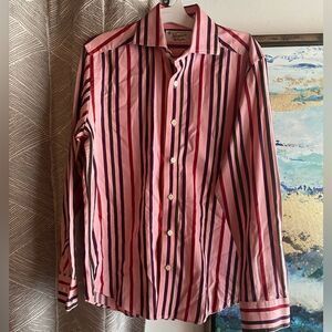 Original penguin pink shirt with red, coffee and grape stripes size small